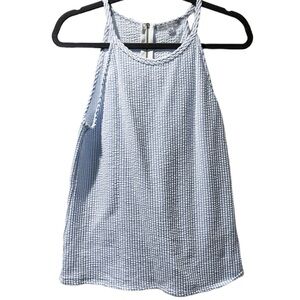 Blue/white Seersucker sleeveless high neck top